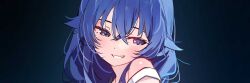 1girl bare_shoulders blue_background blue_eyes blue_hair dot_nose grin hair_between_eyes long_hair looking_at_viewer mushoku_tensei portrait roxy_migurdia smile solo sydus teeth twitter_banner