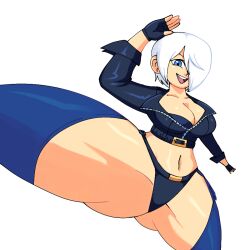 1girl angel_(kof) blue_eyes breasts cleavage curvy female_focus gloves gluteal_fold jacket large_breasts leather leather_gloves leg_up looking_at_viewer open_mouth pale_skin panties shiny_clothes short_hair smib_art smile smiley_face standing standing_on_one_leg the_king_of_fighters thick_thighs thighs underwear white_hair wide_hips