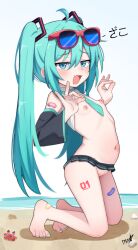 1girl absurdres ahoge aqua_eyes aqua_hair bandaid bandaid_on_arm bandaid_on_foot beach blush boppin crab detached_sleeves feet female_focus flat_chest hair_ornament hatsune_miku highres kneeling legs loli long_hair long_twintails looking_at_viewer meme miniskirt navel nipples ocean pussy skirt sky smug solo stomach sunglasses sunglasses_on_head tattoo thighs toes twintails uohhhhhhhhh!_(meme) vocaloid
