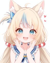 1girl :d ahoge animal_ear_fluff animal_ears bare_arms blonde_hair blue_eyes blue_hair blue_sailor_collar blush cat_ears collar commentary fangs frills hands_up heart highres indie_virtual_youtuber lifebuoy_hair_ornament long_hair looking_at_viewer low_twintails multicolored_hair nore_th one_side_up open_mouth sailor_collar sameko_saba simple_background sleeveless smile solo streaked_hair teeth tongue twintails twitter_username upper_body upper_teeth_only virtual_youtuber white_background