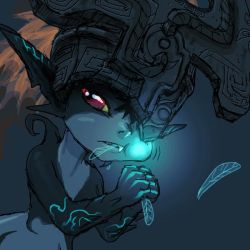 1girl bad_food cheek_bulge crossover eating fairy fang female_focus glowing midna navi nintendo orange_hair pointy_ears red_eyes ruben_de_vela the_legend_of_zelda the_legend_of_zelda:_twilight_princess vore wings