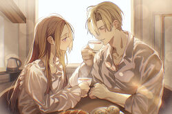 1boy 1girl blonde_hair chair closed_mouth collarbone collared_shirt couple cup dappled_sunlight dated_commentary dimitri_alexandre_blaiddyd dress edelgard_von_hresvelg fire_emblem fire_emblem:_three_houses food frilled_dress frilled_sleeves frills from_side hair_down hair_over_one_eye hand_up hetero highres holding holding_cup indoors light_particles long_hair long_sleeves nightgown nintendo pajamas parted_bangs parted_lips purple_eyes shirt short_hair sitting sleeves_rolled_up soma_otakuu sunlight table teacup