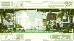 2girls 800000000w animated black_hair black_hat blonde_hair boots bridge building cape city dark-skinned_female dark_skin dock fish fishing fishing_rod grey_cape hat jellyfish looping_animation multiple_girls original pixel_art plant post-apocalypse road_sign scenery sign video vines water waves