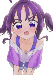 1girl ahoge bare_legs bare_shoulders blush breasts collarbone commentary cowboy_shot crop_top d: diamond-shaped_pupils diamond_(shape) downblouse furrowed_brow hair_intakes hands_on_own_knees highres kimi_to_idol_precure leaning_forward looking_at_viewer medium_hair nipple_slip nipples off-shoulder_shirt off_shoulder open_mouth precure purple_eyes purple_hair purple_shirt purple_shorts purple_sports_bra shigure_kokoro shirt short_sleeves shorts simple_background solo sports_bra sweat symbol-shaped_pupils tiler_(tiler00) twintails white_background