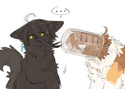 ... 2girls aaasakawa agnes_tachyon_(umamusume) ahoge animalization animification averting_eyes beaker black_cat black_fur brown_fur brown_hair calico calico_cat cat closed_mouth ear_tag earrings furrowed_brow hand_up jewelry manhattan_cafe_(umamusume) motion_lines multicolored_hair multiple_girls simple_background single_earring speech_bubble spoken_ellipsis stuck umamusume white_background white_fur white_hair
