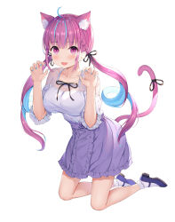 1girl absurdres alternate_costume anchor_symbol animal_ears blue_nails blush bow breasts cat_tail claw_pose collarbone colored_inner_hair fang hair_ribbon hands_up high-waist_skirt highres hokori_sakuni hololive kemonomimi_mode kneeling low_twintails mary_janes medium_breasts minato_aqua miniskirt multicolored_hair nail_polish nyan open_mouth pink_eyes pink_hair purple_skirt ribbon see-through_clothes shirt shirt_tucked_in shoes skirt smile socks streaked_hair tail tail_ornament tail_ribbon twintails virtual_youtuber white_background white_socks