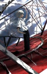 1boy arm_up black_pants breast_pocket closed_mouth cloud cloudy_sky collared_shirt commentary from_side hand_in_pocket hashtag-only_commentary highres male_focus nagisa_kaworu neon_genesis_evangelion pants pocket red_eyes red_water scaffolding shirt short_sleeves sky solo standing water weweired9 white_hair white_shirt