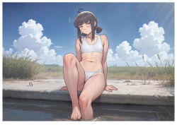 1girl ahoge barefoot black_hair blue_sky blunt_bangs border breasts closed_mouth cloud collarbone commentary day english_commentary feet gloomy_(leonzo) highres leonzo medium_hair navel original outdoors sidelocks sitting sky small_breasts soaking_feet solo stomach thighs toes water white_border