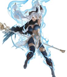 1girl animal_ears black_cape boots breasts broken_horn cape cleavage cow_ears cow_girl cow_horns cow_tail fire_emblem fire_emblem_heroes highres holding holding_staff horns long_hair low_twintails medium_breasts meilai_(fire_emblem) nintendo non-web_source official_art solo staff tail torn_cape torn_clothes twintails very_long_hair