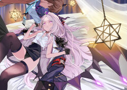 1boy 1girl absurdres ahoge black_skirt black_thighhighs blue_archive blush breasts demon_girl demon_horns demon_wings highres hina_(blue_archive) horns indoors long_hair medium_hair meltykiss0316 on_bed purple_eyes skirt small_breasts tears thighhighs white_hair wings