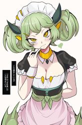 breasts cleavage cowboy_shot dragon_girl dragon_wings duel_monster green_hair green_wings highres large_breasts long_hair low_wings maid maid_headdress parlor_dragonmaid ringed_eyes simple_background solo twintails wadatsumi_(sense11531153) white_background wings yellow_eyes yu-gi-oh!