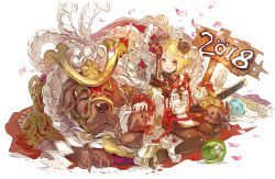 Rule 34 | 1girl, 2018, animal, animal ears, baby animal, blonde hair, braid, cellphone, chinese zodiac, closed eyes, dog, dog ears, erune, garjana, granblue fantasy, haku (sabosoda), holding, holding phone, katana, looking at viewer, off shoulder, open mouth, oversized animal, pantyhose, petals, phone, puppy, rope, shimenawa, short hair, sitting, smartphone, smile, sword, vajra (granblue fantasy), weapon, year of the dog, yellow eyes