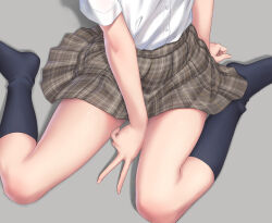 1girl arm_between_legs head_out_of_frame kamome_yuu original plaid_clothes plaid_skirt shirt_tucked_in short_sleeves sitting skirt socks solo thigh_focus v wariza