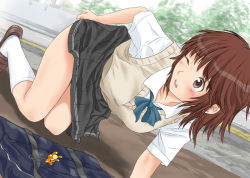 1girl amagami bakadere blush breasts brown_eyes brown_hair brown_shoes female_focus keisuke_(0320030103200301) kneehighs kneeling sakurai_rihoko school_uniform shoes skirt socks solo