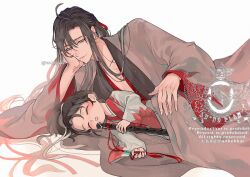 2boys aged_down ahoge ankekkai black_hair black_hanfu blush chest_tattoo child chinese_clothes closed_eyes closed_mouth coat dizi english_text flute grey_coat grey_eyes hair_down hair_ribbon half_updo hanfu head_rest highres holding holding_flute holding_instrument instrument lan_sizhui long_hair long_sleeves looking_at_another lying male_focus modao_zushi multiple_boys official_alternate_costume official_alternate_hairstyle on_side parted_bangs parted_lips ponytail red_ribbon ribbon saliva sheath sheathed sidelocks simple_background sleeping smile tassel tattoo transverse_flute twitter_username very_long_hair watermark wei_wuxian wei_wuxian_(yiling_laozu) white_background white_hanfu white_ribbon wide_sleeves