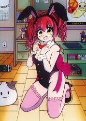 1girl alternate_costume animal_ears d4dj elkiritgsuwu gundam highres leotard monster_energy mothra nyochio_(d4dj) ohnaruto_muni pink_socks playboy_bunny rabbit_ears red_hair rx-78-2_gundam socks twintails yellow_eyes
