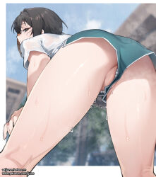 1girl ass black_hair border commentary dolphin_shorts from_below grey_shorts highres jjune kneepits leaning_forward looking_at_viewer looking_back original outside_border partially_visible_vulva pearl_thong pussy_juice pussy_juice_trail red_hair shirt short_hair short_sleeves shorts solo steaming_body sweat thighs watermark web_address wet wet_clothes wet_shirt white_border white_shirt