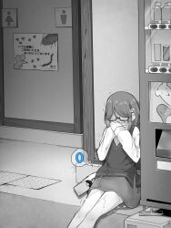 1girl bag commentary_request covering_own_mouth foot_up glasses greyscale highres implied_vibrator kakuremino7928 large_variant_set long_sleeves medium_hair miniskirt monochrome original outdoors public_restroom pussy_juice semi-rimless_eyewear shirt shoulder_bag sitting skirt solo speech_bubble standing standing_on_one_leg sweater_vest trembling under-rim_eyewear variant_set