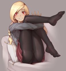 1girl blonde_hair blush braid braided_ponytail breasts commentary couch dark-skinned_female dark_skin english_commentary feet full_body gravity_daze grey_background grey_shirt highres hugging_own_legs kitten_(gravity_daze) knees_to_chest knees_together_feet_apart knees_up legs legs_together legs_up long_hair long_sleeves looking_at_viewer medium_breasts nickleflick no_shoes panties panties_under_pantyhose pantyhose pillow pleated_skirt red_eyes red_skirt school_uniform shirt simple_background sitting skirt smile solo underwear waving