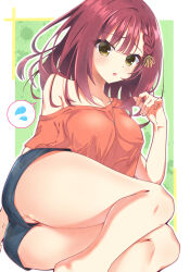 1girl :o absurdres bare_legs black_shorts blush border braid breasts collarbone commentary covered_erect_nipples curvy eyelashes eyes_visible_through_hair feet_out_of_frame futamihara_ririko green_background hair_between_eyes hair_ribbon hand_up highres jewelry large_breasts legs_together limelight_lemonade_jam looking_at_viewer lying medium_hair necklace on_side open_mouth orange_shirt outside_border red_hair ribbon shirt short_sleeves shorts simple_background single_bare_shoulder single_braid solo speech_bubble spoken_sweatdrop straight_hair sukonbu385 sweatdrop thick_thighs thighs watermark white_border yellow_eyes yellow_ribbon