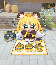 1girl :d animal_ear_fluff animal_ears black_shoes blonde_hair blush bow brown_gloves brown_shirt brown_shorts chibi chibi_only collared_shirt commentary day elbow_gloves fang fingerless_gloves food food_on_head fruit fruit_on_head full_body gloves green_eyes hue_oo jacket ju_fufu long_hair looking_at_viewer multicolored_hair notice_lines object_on_head open_clothes open_jacket open_mouth orange_(fruit) outdoors photo-referenced purple_bow reference_inset shirt shoes shorts skin_fang smile socks solo standing symbol-only_commentary tail tail_bow tail_ornament thigh_strap tiger_ears tiger_girl tiger_tail twitter_username two-tone_hair very_long_hair white_hair white_socks yellow_jacket zenless_zone_zero