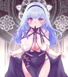 1girl arbiter1 azur_lane bare_shoulders bent_over black_hairband blue_dress blue_hair blush breasts cleavage clothes_lift covered_navel dido_(azur_lane) dress dress_lift hairband highres indoors large_breasts long_hair looking_at_viewer mouth_hold purple_eyes side_slit smile solo