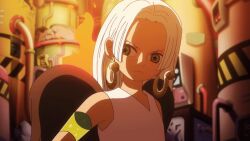 animated animated_gif anime_screenshot black_wings dark-skinned_female dark_skin earrings hair_flip jewelry long_hair looking_at_viewer one_piece s-snake seraphim_(one_piece) smile smug snake_earrings star-shaped_pupils star_(symbol) symbol-shaped_pupils white_hair wings