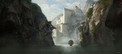 absurdres city cliff dome fantasy highres no_humans numenor renart rings_of_power river scenery statue tolkien&#039;s_legendarium tower water