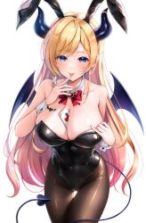 Rule 34 | 1girl, absurdres, animal ears, bare shoulders, black leotard, black pantyhose, blonde hair, blue eyes, breasts, card, cleavage, closed mouth, cowboy shot, demon girl, demon horns, demon tail, demon wings, fake animal ears, heart, highres, hololive, horns, kamishiro mai (capti-no), large breasts, leotard, long hair, pantyhose, pink hair, playboy bunny, playing card, pointy ears, rabbit ears, simple background, solo, strapless, strapless leotard, tail, tongue, tongue out, very long hair, white background, wings, yuzuki choco