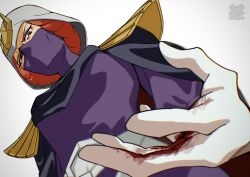 Rule 34 | 1girl, angry, belt, blood, blood on clothes, breasts, brown eyes, cape, from below, glaring, gundam, gundam gquuuuuux, hair bun, helmet, highres, kycilia zabi, mask, mouth mask, orange hair, simple background, single hair bun, solo, updo, white background, yy shibata