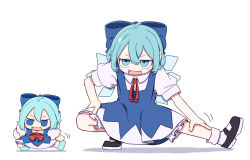 Rule 34 | 2girls, :d, absurdres, ahoge, black shoes, blue bow, blue dress, blue eyes, blue shoes, bow, bowtie, cirno, collared shirt, commentary request, dress, dual persona, full body, fumo (doll), hair bow, highres, ice, ice wings, kame (kamepan44231), multiple girls, neck ribbon, open mouth, pinafore dress, red bow, red bowtie, red ribbon, ribbon, shirt, shoes, short hair, short sleeves, simple background, sleeveless, sleeveless dress, smile, socks, stretching, touhou, white background, white shirt, white socks, wings