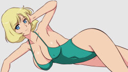 blonde_hair blue_eyes breasts glamour_works gundam highres large_breasts lento_(glamour_works) mobile_suit_gundam navel one-piece_swimsuit sayla_mass short_hair swimsuit