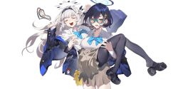 2girls absurdres black_footwear black_hair black_hairband black_pantyhose blue-framed_eyewear blue_archive blue_bow blue_bowtie blush bow bowtie breasts brown_skirt chihiro_(blue_archive) closed_eyes collarbone collared_shirt glasses hair_ornament hairband halo highres himari_(blue_archive) large_breasts long_hair long_sleeves multiple_girls open_mouth pantyhose pleated_skirt pointy_ears ramuri shirt shoes short_hair simple_background skirt smile striped_clothes striped_hairband white_background white_hair white_shirt yellow_eyes