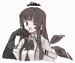 1girl arknights arm_up ascot black_ascot black_gloves bright_pupils brown_eyes brown_hair collared_shirt commentary cropped_torso detached_wings elbow_gloves gloves grey_background hatching_(texture) linear_hatching long_hair oekaki open_mouth ryne_25 shirt sidelocks simple_background solo split_mouth virtuosa_(arknights) white_pupils white_shirt wings
