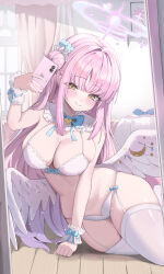 1girl absurdres angel_wings arm_support bare_shoulders bed blue_archive blue_bow blue_bowtie blush bow bow_bra bow_panties bowtie bra breasts cleavage commentary commentary_request curtains detached_collar english_commentary flower full-length_mirror garter_straps hair_bun hair_flower hair_ornament halo hand_up head_tilt highres holding holding_phone indoors korean_commentary large_breasts light_particles long_hair looking_at_viewer low_wings lying mika_(blue_archive) mirror mixed-language_commentary panties phone picture_frame pink_hair pink_halo pipi_ya reflection sidelocks single_side_bun smile solo taking_picture thighhighs underwear underwear_only very_long_hair white_bra white_panties white_thighhighs white_wings white_wrist_cuffs window wing_ornament wings wrist_bow wrist_cuffs yellow_eyes