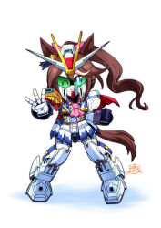 animal_ears blue_eyes brown_hair chibi green_eyes gundam gundam_seed gundam_seed_destiny hashtag-only_commentary highres horse_ears horse_girl horse_tail impulse_gundam long_hair looking_at_viewer mayohi_neko mecha mobile_suit multicolored_hair ponytail robot science_fiction sd_gundam solo streaked_hair tail tokai_teio_(umamusume) two-tone_hair umamusume v-fin white_hair