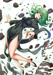 1girl absurdres black_dress black_shoes closed_mouth covered_navel dress female_focus flipped_hair floating frown full_body green_eyes green_hair high_heels highres impossible_clothes impossible_dress long_sleeves looking_at_viewer matching_hair/eyes one-punch_man open_m/ rock shoes short_hair side_slit solo spiral takanashi-a tatsumaki telekinesis