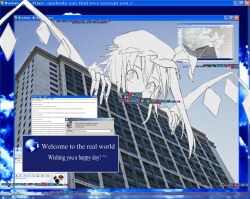 1girl absurdres building chinese_commentary commentary_request crystal_wings english_text flandre_scarlet glitch hat highres looking_at_viewer microsoft_windows mob_cap photo_background short_hair solo touhou window_(computing) windows_xp wings xinggong_shili