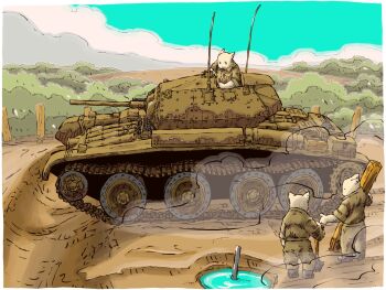 Rule 34 | 3boys, antennae, blue sky, cannon, cat boy, caterpillar, dirt road, highres, holding, holding shovel, military uniform, military vehicle, motor vehicle, mud, multiple boys, original, planted, planted shovel, road, shovel, sky, soldier, tank, vehicle focus, yabarn