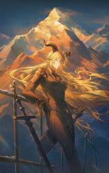 1girl animal_ears arknights black_gloves black_jacket black_pants blonde_hair closed_eyes closed_mouth collared_shirt crossed_bangs degenbrecher_(arknights) feet_out_of_frame gloves goat_ears goat_horns hair_between_eyes helen_zzhao highres horns jacket lapels long_hair long_sleeves mountain necktie notched_lapels pants shirt smile solo sword weapon wing_collar