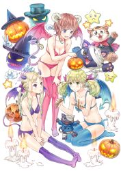 3girls absurdres aranya_(atelier) atelier_(series) atelier_rorona bandages between_legs bikini blue_bikini blue_eyes blue_thighhighs blue_wings blush breasts brown_hair candle cat commentary_request cuderia_von_feuerbach demon_horns demon_tail demon_wings full_body green_eyes halloween halloween_costume hand_between_legs hat highres horns horoholo_(atelier) kishida_mel lionela_heinze long_hair looking_at_another marionette medium_breasts multiple_girls official_art open_mouth pink_bikini pink_thighhighs pink_wings pumpkin pumpkin_on_head puppet purple_bikini purple_eyes purple_thighhighs purple_wings rorolina_frixell seiza short_hair side-tie_bikini_bottom sidelocks sitting small_breasts smile star_(symbol) sterkenburg_cranach swimsuit tail thighhighs twintails v white_background wings