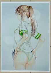 1girl ass breasts brown_eyes brown_hair fingernails from_behind green_panties hair_ornament hairclip highres iwato_suzume katsu_(24791909) looking_back marker_(medium) medium_breasts medium_hair no_pants panties ponytail shirt short_sleeves simple_background solo standing suzume_no_tojimari thighs traditional_media underwear wedgie