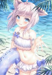 Rule 34 | 1girl, ahoge, animal ears, animated, animated gif, arknights, bare shoulders, beach, bikini, bikini skirt, blinking, blue bow, blue eyes, bow, caustics, collarbone, cowboy shot, day, detached sleeves, embarrassed, fox ears, huge filesize, ichizon, innertube, leaf, looking at viewer, material growth, midriff, navel, open mouth, oripathy lesion (arknights), outdoors, see-through clothes, short hair, silver hair, slit pupils, solo, spaghetti strap, standing, stomach, sunlight, sussurro (arknights), swim ring, swimsuit, water, white bikini