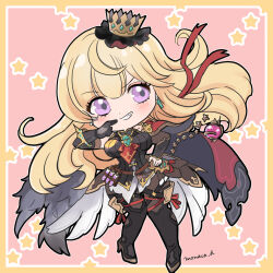 1girl aged_up asymmetrical_gloves blonde_hair cagliostro_(granblue_fantasy) cape chibi crown gloves granblue_fantasy hand_on_own_hip long_hair monaca_d purple_eyes sleeveless twitter_username