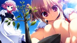 2girls apron arms_behind_back black_dress black_ribbon blue_eyes blue_sky bow bowtie breasts brown_hair closed_mouth cloud cloudy_sky dress frilled_apron frilled_sleeves frills from_below fumio_(ura_fmo) grisaia_(series) grisaia_no_meikyuu hair_ribbon irisu_makina juliet_sleeves komine_sachi long_sleeves looking_at_another maid maid_headdress medium_breasts multiple_girls non-web_source pink_hair planting puffy_sleeves red_bow red_bowtie red_eyes ribbon sapling short_hair short_sleeves sky smile squatting swept_bangs two_side_up waist_apron white_apron