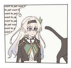 1girl 1other :| beibc_eee black_cat black_hairband black_jacket cat closed_mouth collared_shirt dot_nose elio_(honkai:_star_rail) firefly_(honkai:_star_rail) gradient_eyes gradient_hair green_pupils grey_hair hair_between_eyes hair_intakes hair_ornament hairband highres honkai:_star_rail honkai_(series) jacket multicolored_eyes multicolored_hair neckerchief orange_neckerchief shirt simple_background speech_bubble thought_bubble white_background