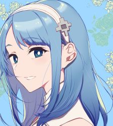 Rule 34 | 1girl, blue background, blue eyes, blue hair, female focus, from side, hairband, highres, long hair, looking at viewer, looking to the side, matching hair/eyes, medhi, open mouth, parted lips, pochi (pochi-goya), portrait, smile, solo, tsuujou kougeki ga zentai kougeki de ni-kai kougeki no okaasan wa suki desu ka?