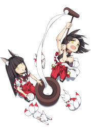 2girls absurdres animal_ears azur_lane black_hair blunt_bangs commentary_request dutch_angle food fox fox_ears fox_girl fox_tail from_above geta hakama highres japanese_clothes kine long_hair mallet maru_sashi mochi mortar_(bowl) multiple_girls multiple_tails mutsu_(azur_lane) nagato_(azur_lane) new_year rice short_hair siblings simple_background sisters sleeves_rolled_up tabi tail white_background yellow_eyes