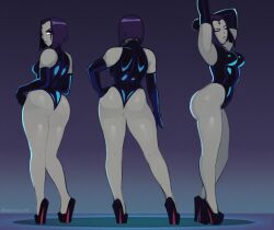 1girl animification arms_up artist_name ass back bare_shoulders black_footwear black_leotard breasts colored_skin commentary dc_comics elbow_gloves english_commentary forehead_jewel gloves grey_skin high_heels highleg highres large_breasts leotard looking_at_viewer medium_breasts multiple_views nsfwskully purple_eyes purple_hair purple_lips raven_(dc) short_hair sleeved_leotard stretching teen_titans thighs twitter_username zetaskully
