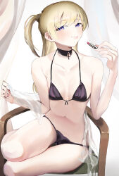 1girl absurdres akebi-chan_no_serafuku bikini blonde_hair blush breasts choker highres holding kizaki_erika long_hair looking_at_viewer navel penora_gei purple_eyes sitting small_breasts smile solo swimsuit